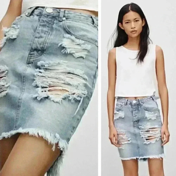 NWT One Teaspoon Wilde 2020 Denim Pencil Skirt in Wilde Wash Distressed Mini - Picture 1 of 10